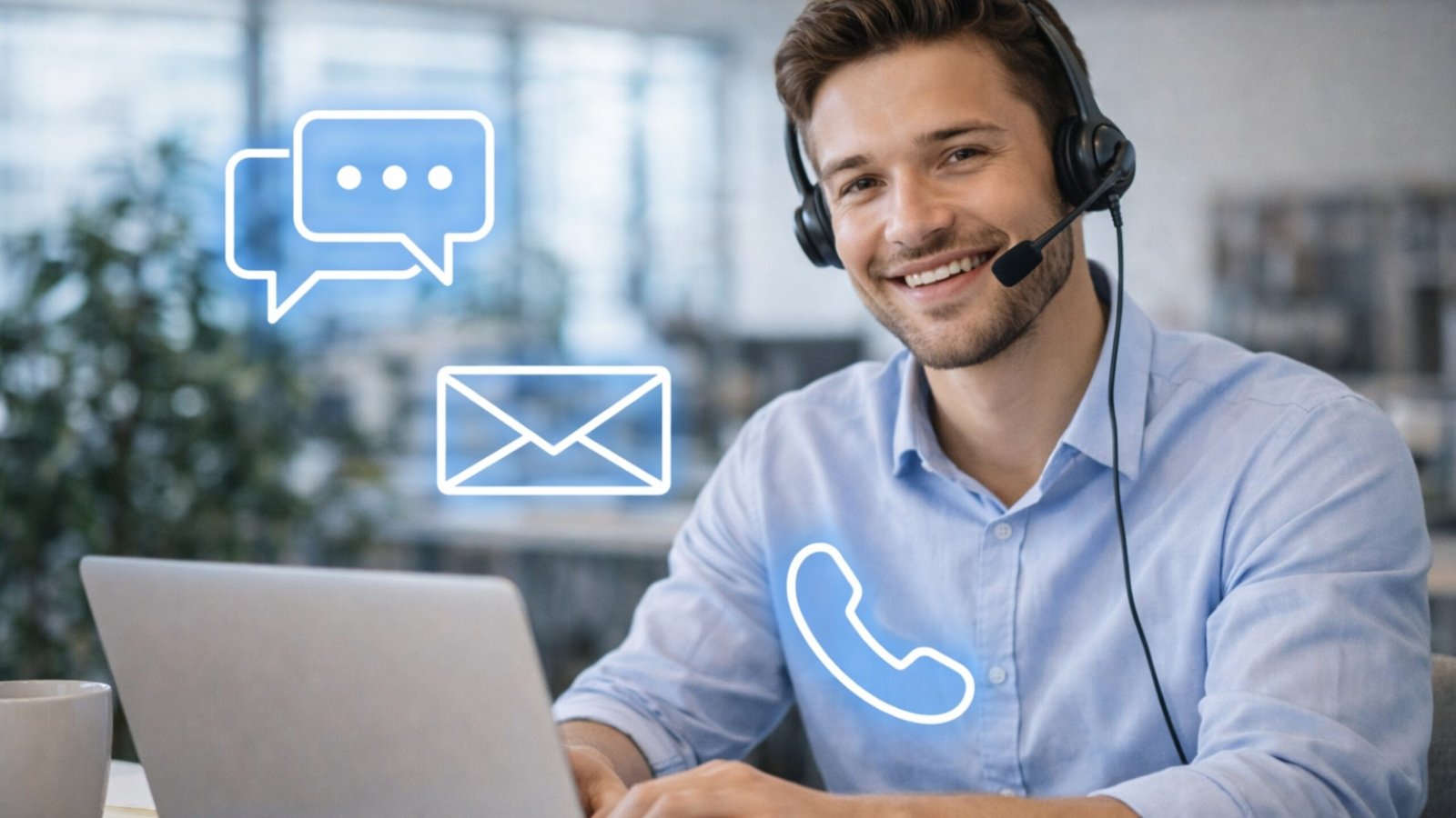 customer support agent using laptop and headset